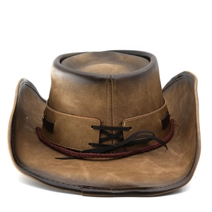 Classic dark brown distressed leather western cowboy hat with wide brim and decorative cord