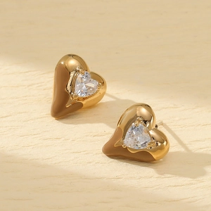 18K gold plated stainless steel heart stud earrings with brown enamel and zircon