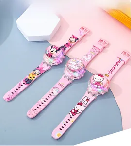 Close-up of pink children's flip LED watches with Unicorn, Minnie and Hello Kitty themes
