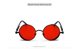 Close-up of retro punk round sunglasses with black frames and red lenses B2