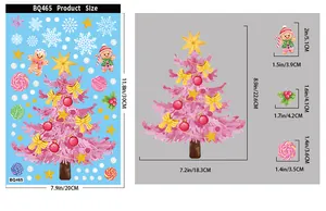 Detailed size chart for Christmas window stickers featuring pink trees and gingerbread men