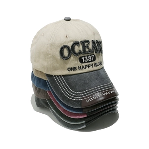 Vintage cotton baseball cap with OCEAN embroidery in multiple colors and stitched brim