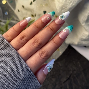 3D floral almond fake nails with pink base and green gradient French tips, 24pcs set