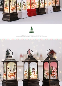 Detail of Christmas lantern decorations with Santa, reindeer and snowman LED graphics