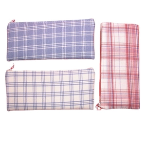 Large capacity canvas pencil case with minimalist plaid patterns and metal zipper closure