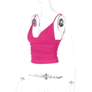 Detail view of pink V-neck camisole featuring slim straps and ruched side pleats
