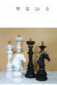 Modern Nordic resin chess statues in black and white with gold accents for home decor