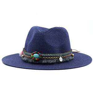 Navy straw sun hat with ethnic beadwork, turquoise stone and fringe bohemian style