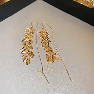Elegant 18K gold plated leaf tassel drop earrings with long chain threader design