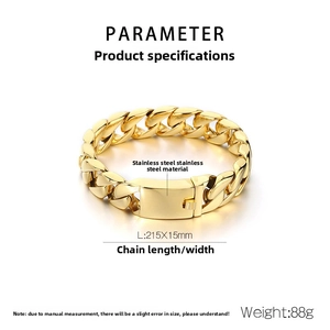 Polished gold stainless steel Cuban chain bracelet with 15mm width and 215mm length specs
