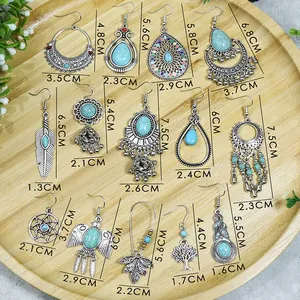 Size chart showing dimensions for 14 styles of Bohemian vintage drop earrings in CM
