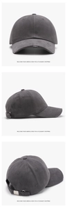 Three-way view of distressed dark grey baseball cap with adjustable metal buckle