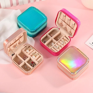 Portable Jewelry Box PU Leather Velvet Lining Holographic Finish Zipper Mirror Travel Organizer Small Mini Simple Elegant