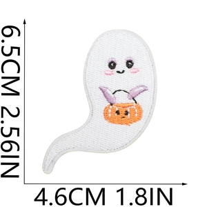Detail of ghost embroidery patch with pumpkin basket and precise size measurements