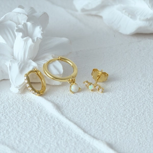 Detail of S925 silver 3-piece earring set featuring opal and gold-plated finish
