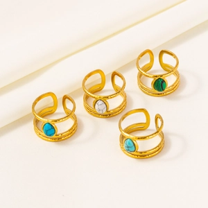 Adjustable 304 stainless steel gold rings with marble and turquoise stone teardrops