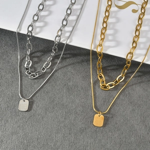 Retro layered necklace with square pendant and mixed chunky and fine chain design