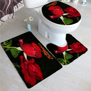Three-piece bathroom mat set with red roses and Valentine's Day gold artistic text