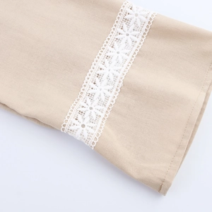 Women's V-neck loose khaki linen blouse with white floral lace trim on sleeve