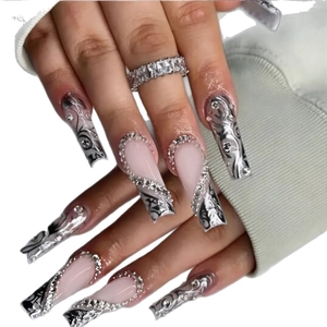 Baroque style long coffin press-on nails with silver vine patterns and crystal rhinestones