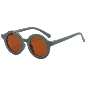 Detailed 45-degree angle view of round vintage olive green sunglasses for toddlers