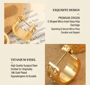Detail of C-shaped 18K gold plated titanium earrings with micro-set cubic zirconia