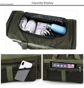 Macro view of multi-compartment interior for organizing travel essentials in duffel bag