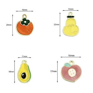 Creative fruit alloy pendants showing size dimensions for persimmon, pear, avocado, and peach