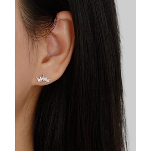 Close-up of s925 silver crown stud earring with sparkling cubic zirconia on ear