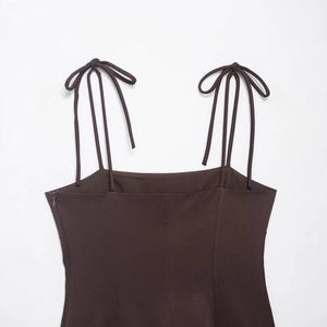 Deep brown slim fit camisole top with thin tie-up straps and a side invisible zipper