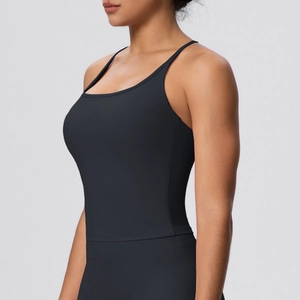 Detail view of black high-elasticity yoga sports bra showing side fit and matte texture