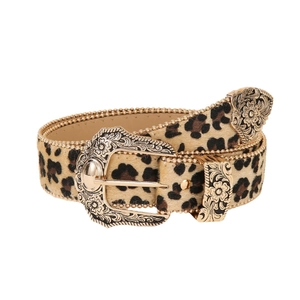 Women's leopard print belt with vintage gold engraved buckle on white background