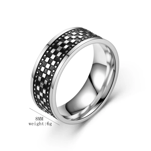 Detail view of 8mm vintage stainless steel ring with black and white checkerboard pattern