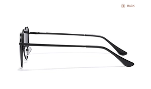 Side view of heart-shaped sunglasses with black metal temples and gray lenses