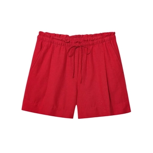 Red linen blend drawstring casual shorts for women with side pockets and elastic waist