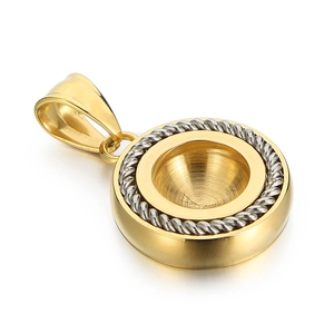 Close-up of golden round pendant with silver rope edge and bail for jewelry making