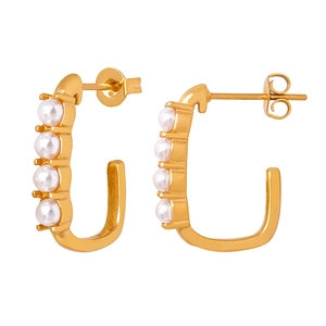 Golden U-shaped stainless steel earrings featuring four symmetrical white high-gloss pearls