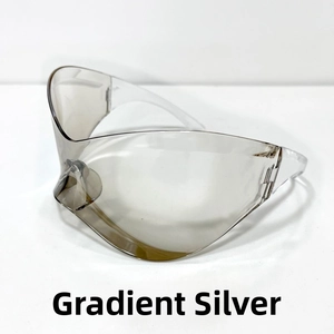 Macro shot of futuristic Y2K wraparound sunglasses with gradient silver mirror lenses