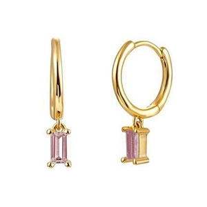 Elegant gold hoop earrings with rectangular pink zircon drops in minimalist geometric design