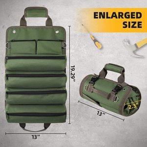 Detailed dimensions of the army green roll-up canvas tool organizer in expanded state