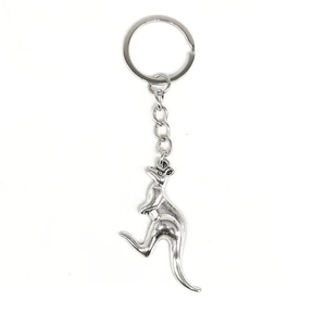 Silver vintage alloy kangaroo keychain with metal ring and chain on white background