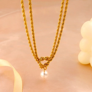 French Vintage Stainless Steel Heart Knot Artificial Pearl Pendant Necklace Gold Plated Double Layer Twist Rope Chain For Women