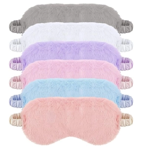 Detailed set of 6 plush faux rabbit fur sleep masks in various colorful tie-dye patterns