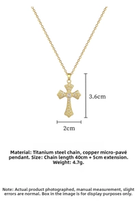 Detailed size specifications for a gold cross pendant necklace in stainless steel
