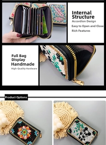 Detail of handmade beaded accordion card holder with floral and panda patterns