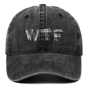 Vintage washed cotton baseball cap in charcoal grey with white WTF embroidery