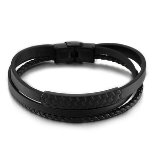 Men's multilayer black woven leather bracelet with geometric metal clasp on white background