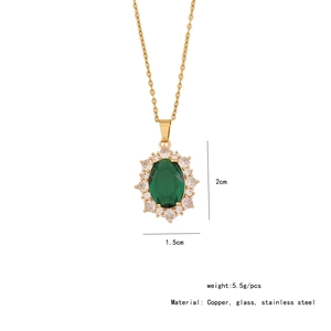 Detailed view of green oval crystal pendant with dimensions 2cm x 1.5cm and material info