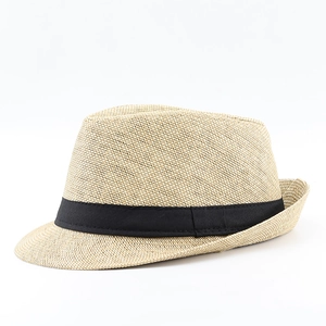 Classic men's beige straw fedora hat with black grosgrain ribbon for sun protection