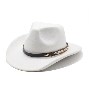 Classic white felt cowboy hat with a brown leather woven band and golden metal buckle